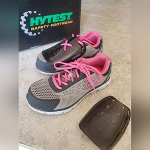 Hytest women's gray pink mesh runner steel toe safety workwear work shoes